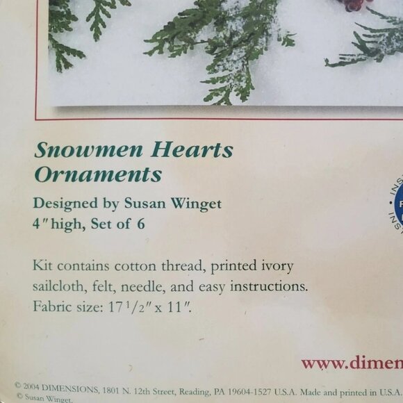 Dimensions Snowmen Hearts Set of 6 Christmas Ornaments Stamped Cross Stitch Kit - Picture 3 of 4
